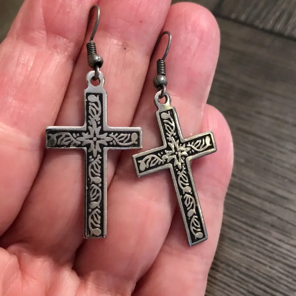 Cross Earrings Oxidized Floral Design Silvertone